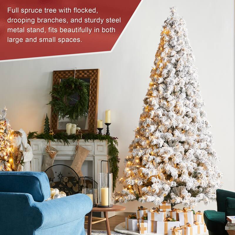 Glitzhome 7.5ft/9ft Pre-Lit Flocked Full Spruce Artificial Christmas Tree with C3 Lights Foot Switch