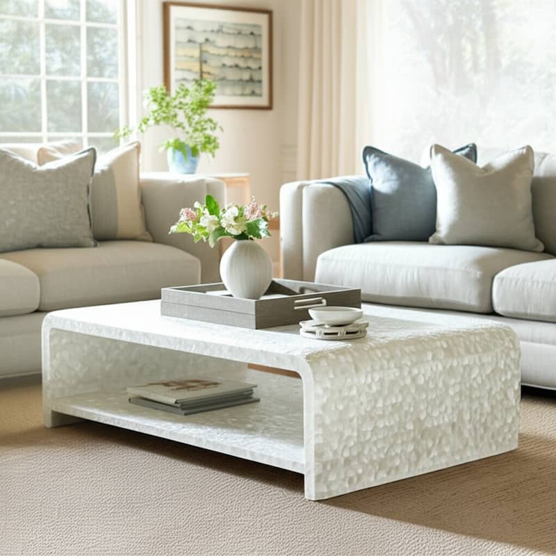 Wood Teak Coffee Table Shell Inlay for Living Room Bedroom - 16" Ivory - 47" x 23.5" x 15.75" - Teak - 47" x 23.5" x 15.75" - Ivory