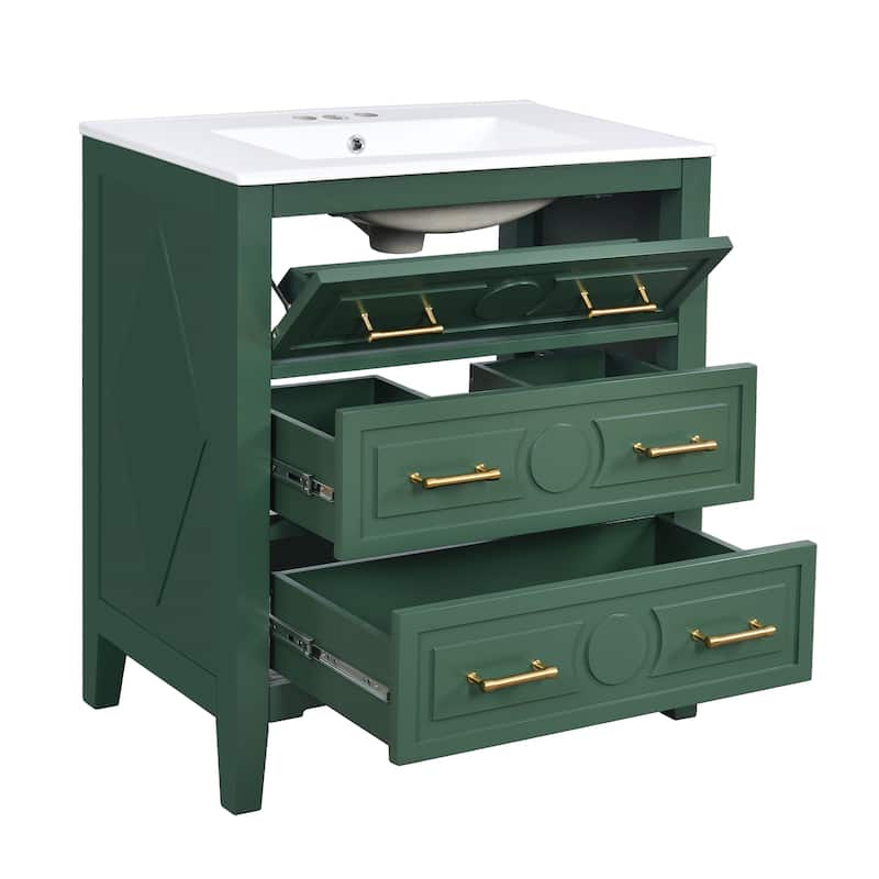 30" Bathroom Vanity with Ceramic Sink Combo, Freestanding Single Sink Bathroom Cabinet with 3 Drawers