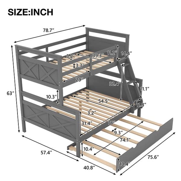 dimension image slide 1 of 2, Twin over Full Bunk Bed with Ladder, Twin Trundle, Full-Length Guardrail