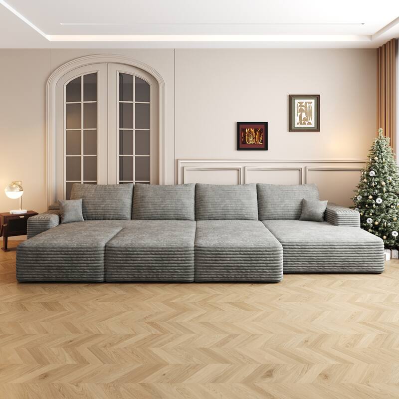 Oversized Modular Sleeper Sofa Bed Floor Standing Sectional Couch Corduroy Upholstered Compression Sofa with Chaise and Ottomans