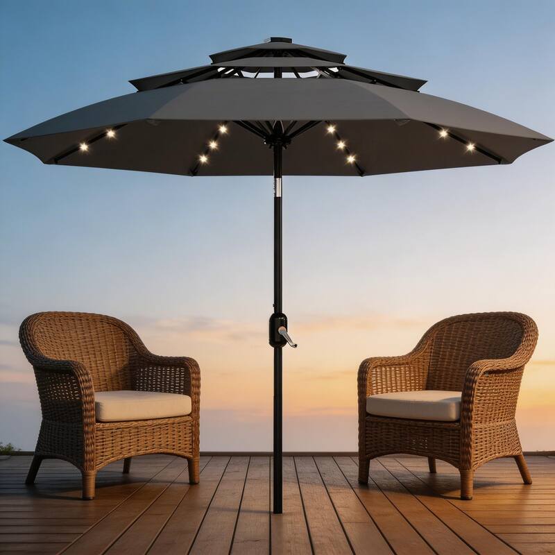 3-Tier Solar Patio Umbrella, with LED Lights and Vents - Grey