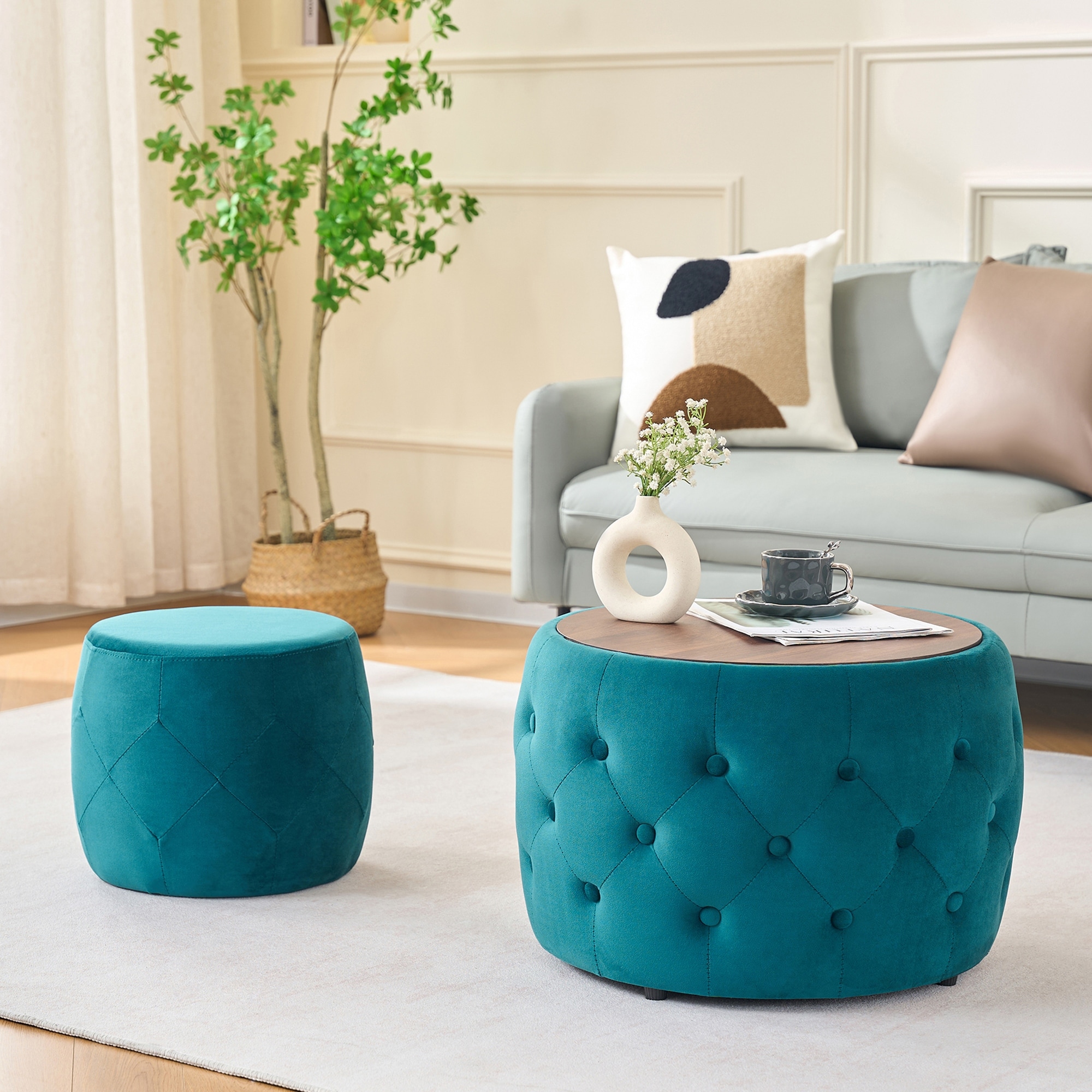 Luxurious Velvet Nesting Ottomans of 2, 4-in-1 Function, Round Storage Foot Stool with Wood Tray, No Assembly Needed
