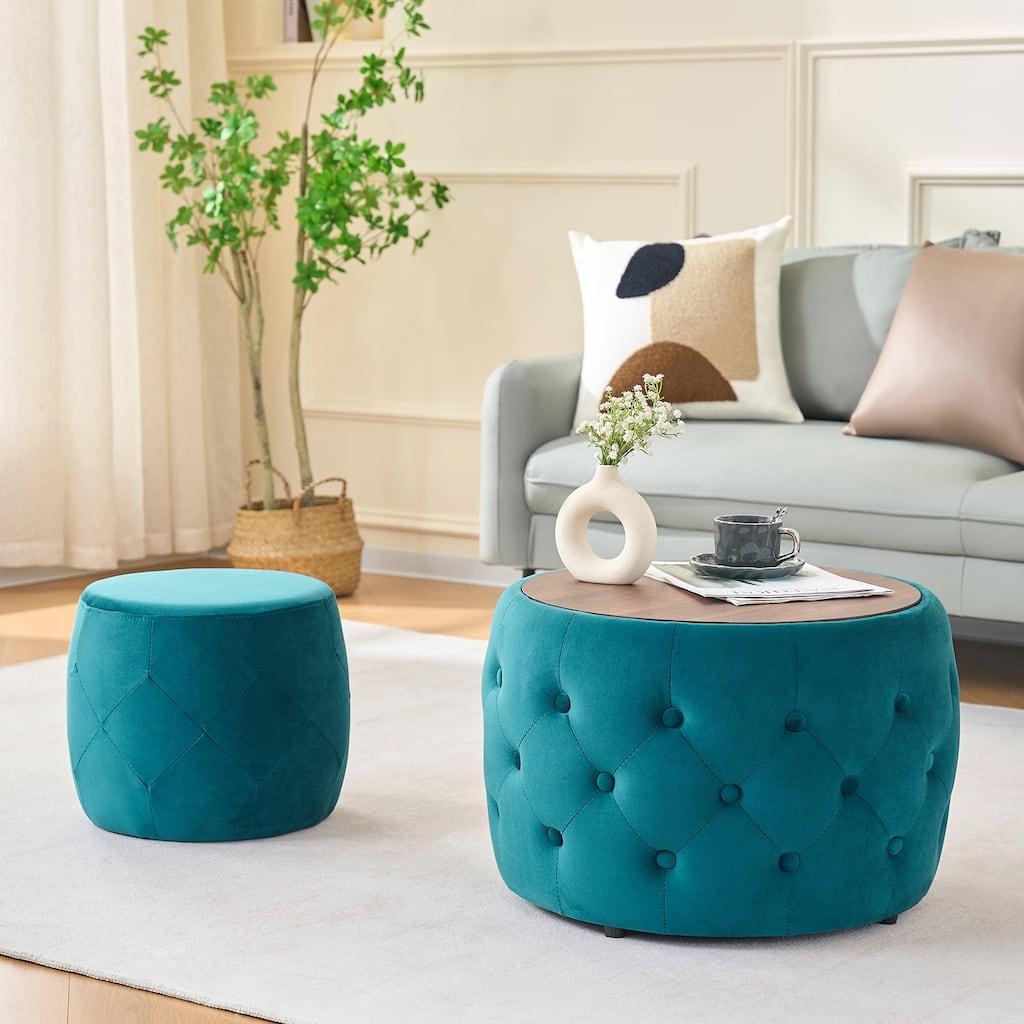Luxurious Velvet Nesting Ottomans of 2, 4-in-1 Function, Round Storage Foot Stool with Wood Tray, No Assembly Needed