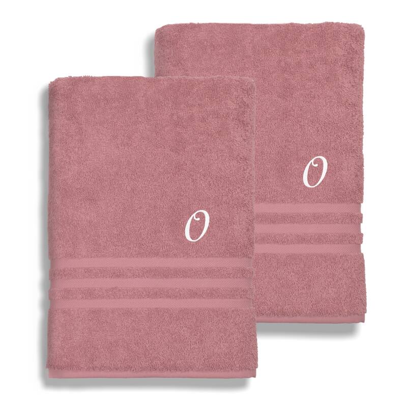 Authentic Hotel and Spa Omni Turkish Cotton Terry Set of 2 Tea Rose Bath Towels with White Script Monogrammed Initial - O