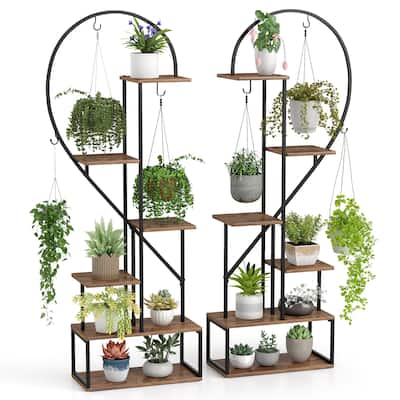 Gymax 6-Tier Metal Plant Stand w/12 Boards 6 Hanging Hooks Tall