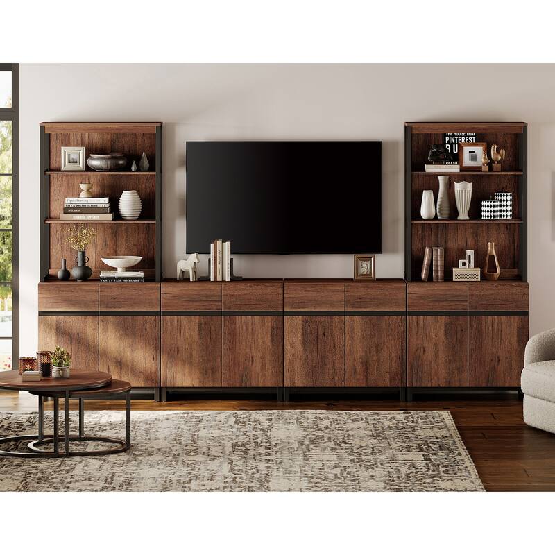 WAMPAT Modern TV Stand with 3 Tiers Bookshelf, Farmhouse Entertainment Center with 4 Large Storage Cabinets and Adjustable Shelf - Brown