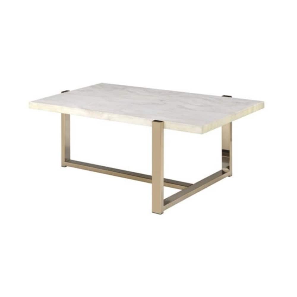 43 Inch White and Gold Faux Marble Coffee Table with Iron Frame - 43” x 26” x 18”