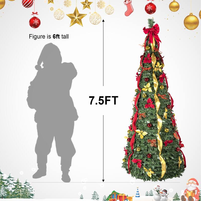 Pop-Up Christmas Tree with 150 Warm White UL Lights - Pre-Decorated with Red & Gold Ornaments, Flowers, Ribbons & Bows