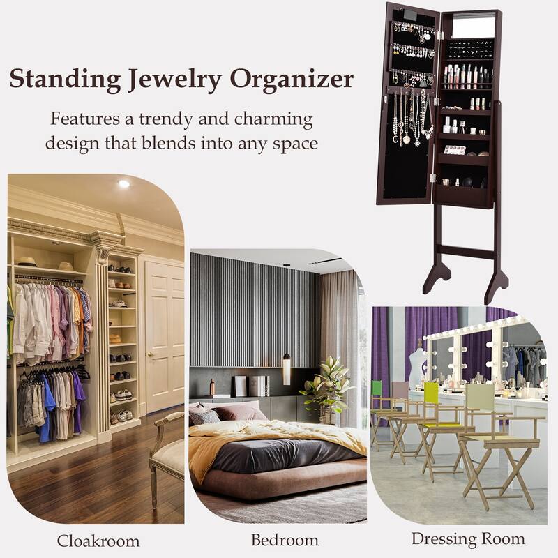 LED-Lighted Standing Jewelry Armoire Storage Cabinet with Full Length Mirror - 14" x 12.5" x 57" (L x W x H)