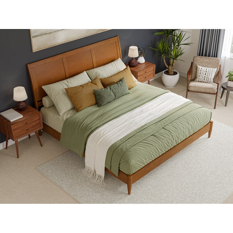 King Size Wood Platform Bed - Low Profile Sleigh Design with USB Ports - Modern Bedroom Furniture