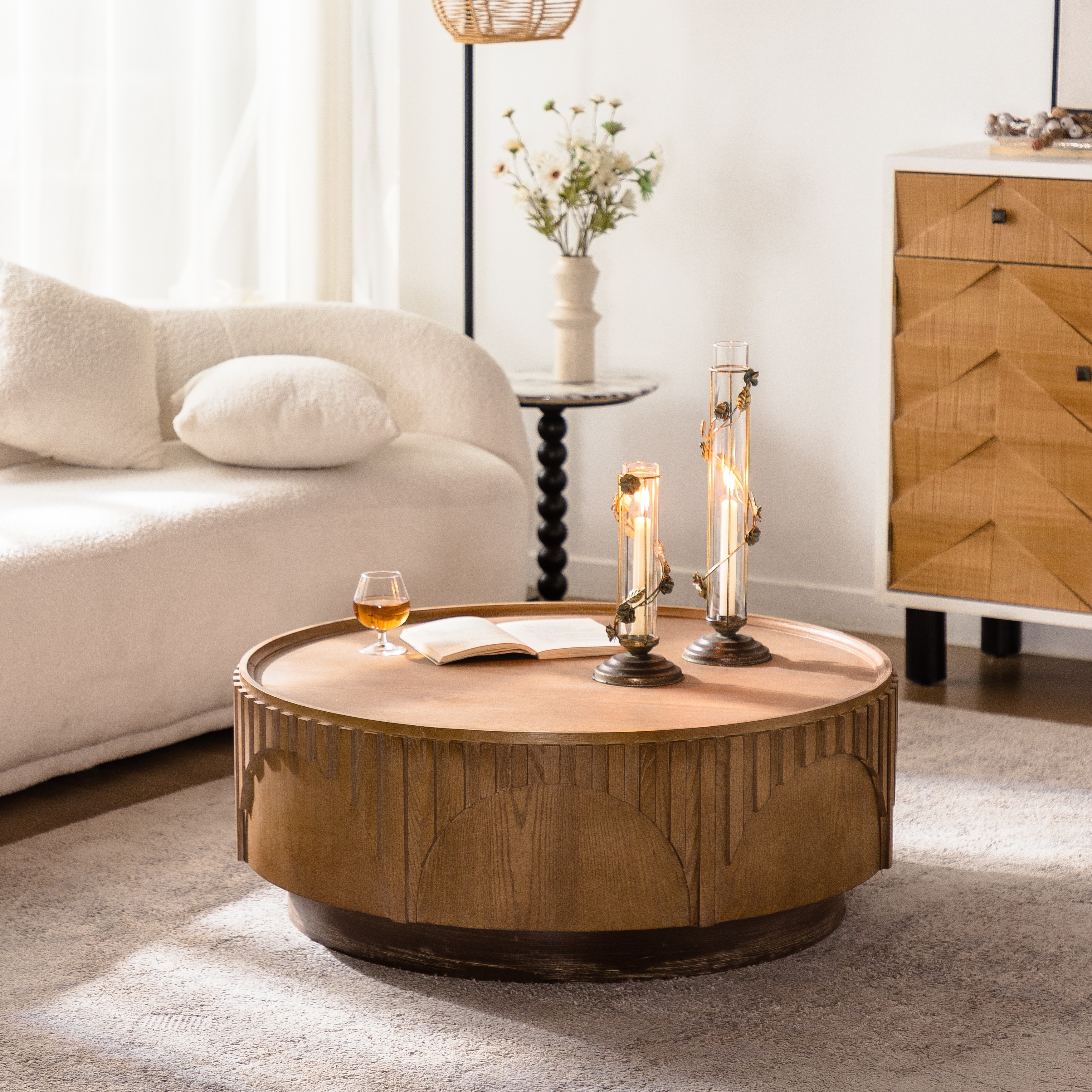 36.22" Modern Round Coffee Table - Solid Wood & MDF Moon-Cut Fluted Center Table, Handcrafted Relief Tea Table for Living Room