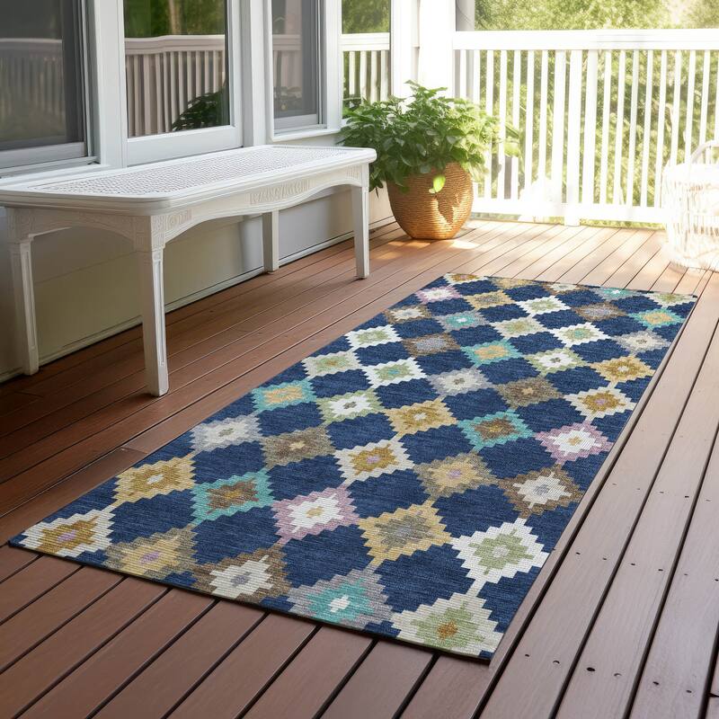 Machine Washable Indoor/ Outdoor Global Ahmet Chantille Rug - Navy - 2'3" x 7'6"