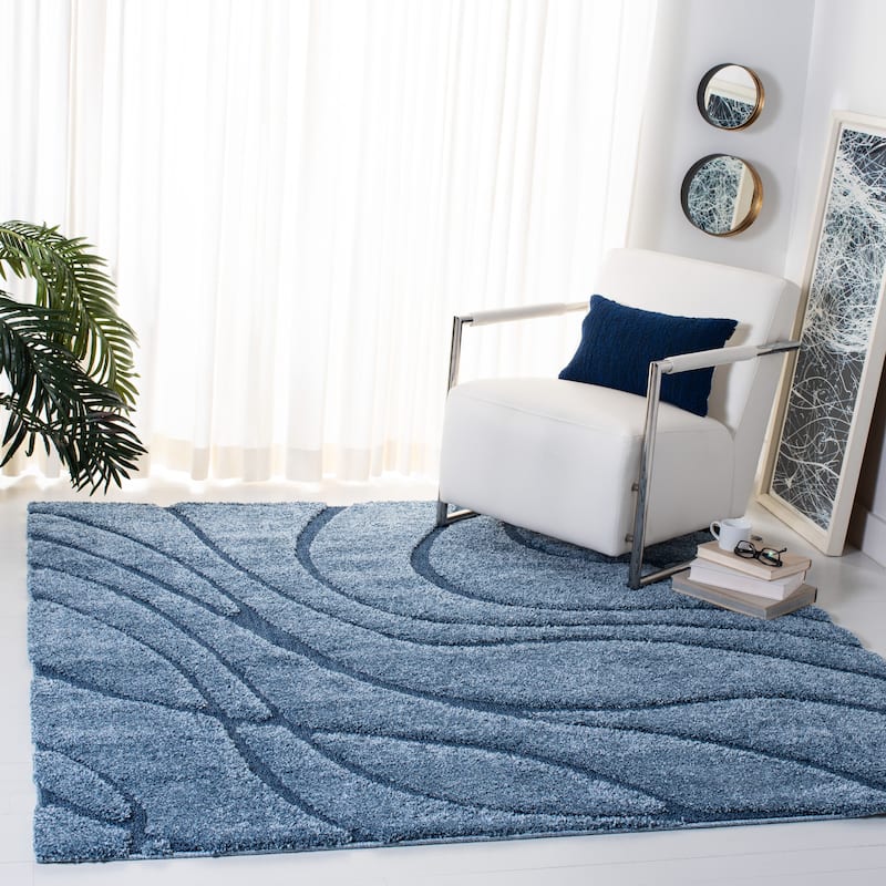 SAFAVIEH Florida Shag Sigtraud Abstract Waves 1.2-inch Thick Rug - 6'7" Square - Light Blue/Blue - Square