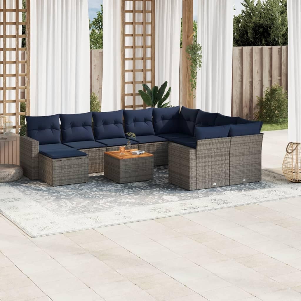 vidaXL 11 Piece Patio Sofa Set with Cushions Grey Poly Rattan - 24.4" x 24.4" x 27.2"