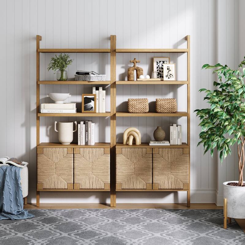 Nathan James Theo Open Shelf Industrial Bookcase with Drawers or Cabinets - Set of 2 - Seagrass/Brown