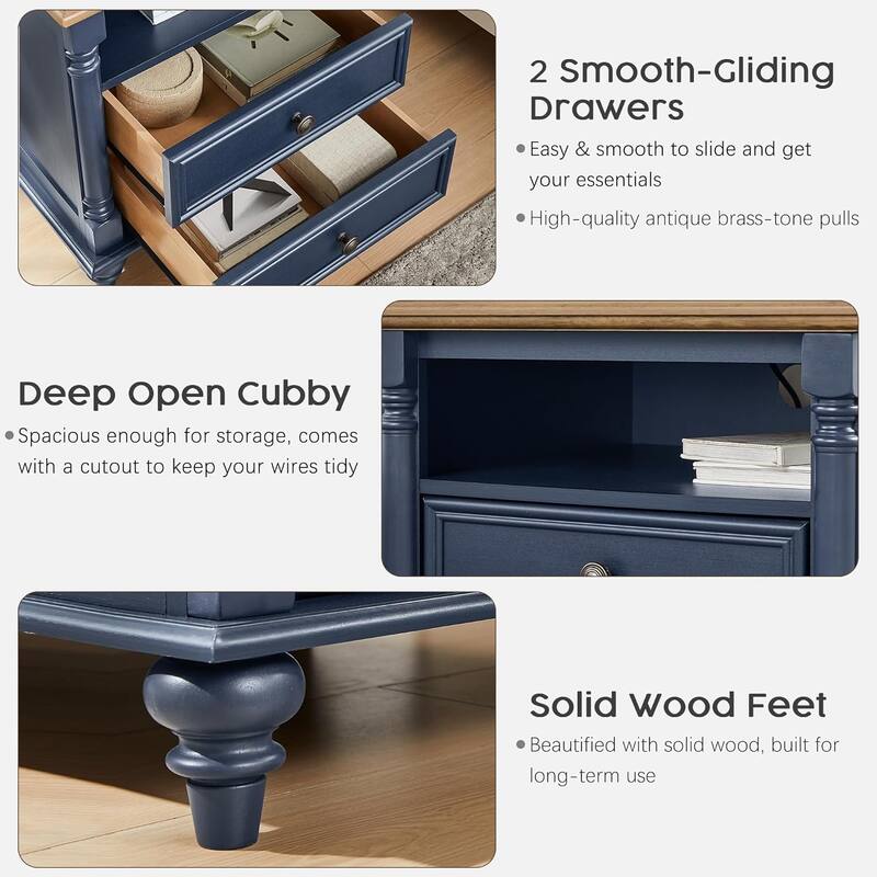 Farmhouse Nightstand Solid Wood Feet, Sofa Table with Charging Station