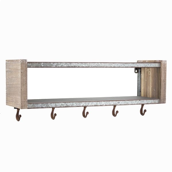 Shop Black Friday Deals On Rustic Wood And Metal Wall Mounted Coat Rack Shelf With 5 Hooks 9 5 H X 24 75 L X 7 75 D Overstock 31510942