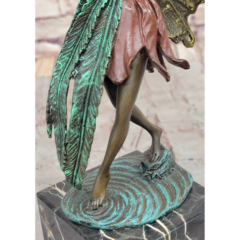 Bronze Fairy Holding Leaf Marble Base Signed By Artist Milo Mythical Figurine