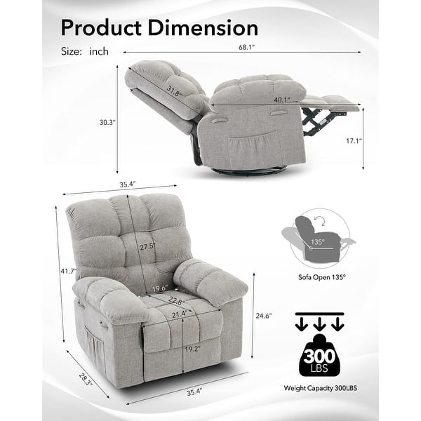 dimension image slide 0 of 4, Rocking Recliner Chair with 360° Swivel, Upholstered Fabric Glider Recliner