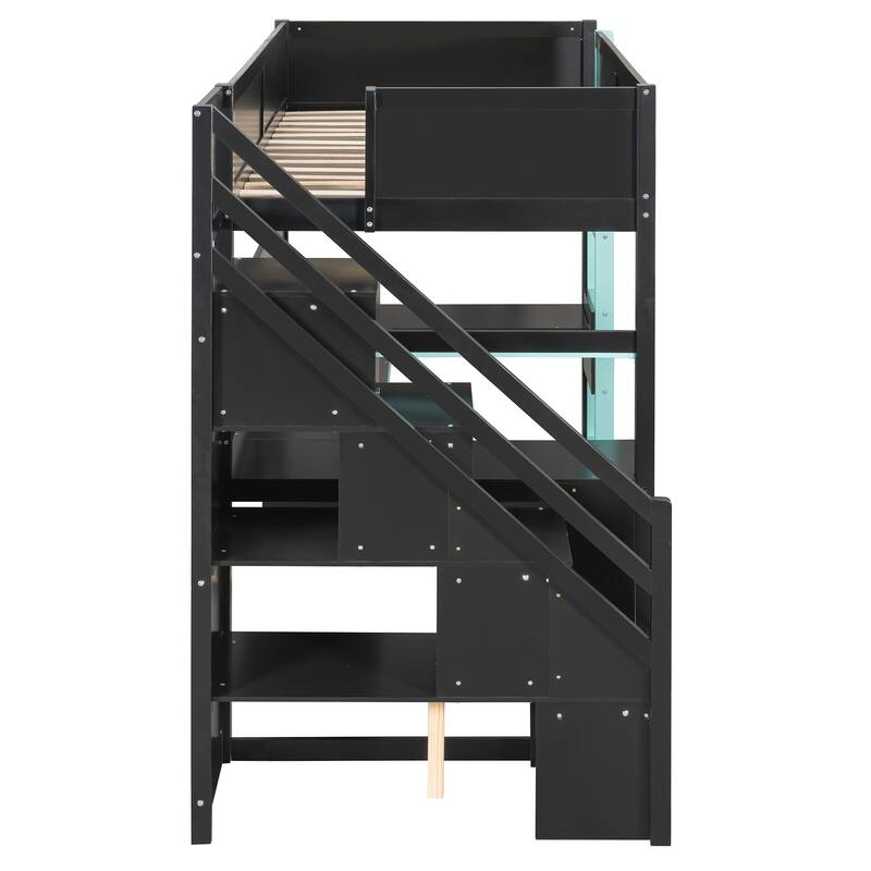 Gaming Loft Bed with Storage Stairs & Desk, Video Game Bed Wood Loft Bed Frame with Pegboard for Teens