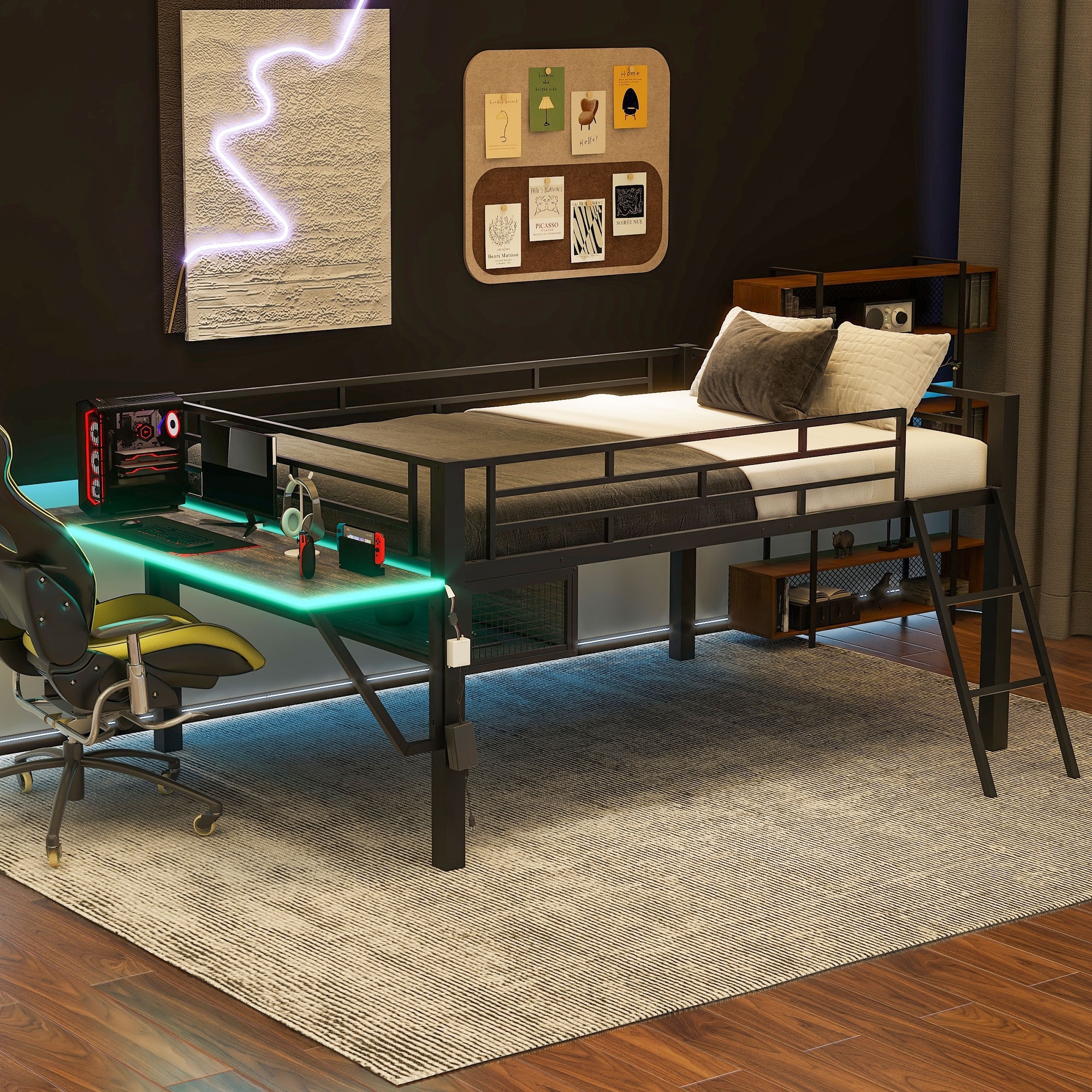 Full Size Gaming mid loft bed with desk and LED Bed Bath