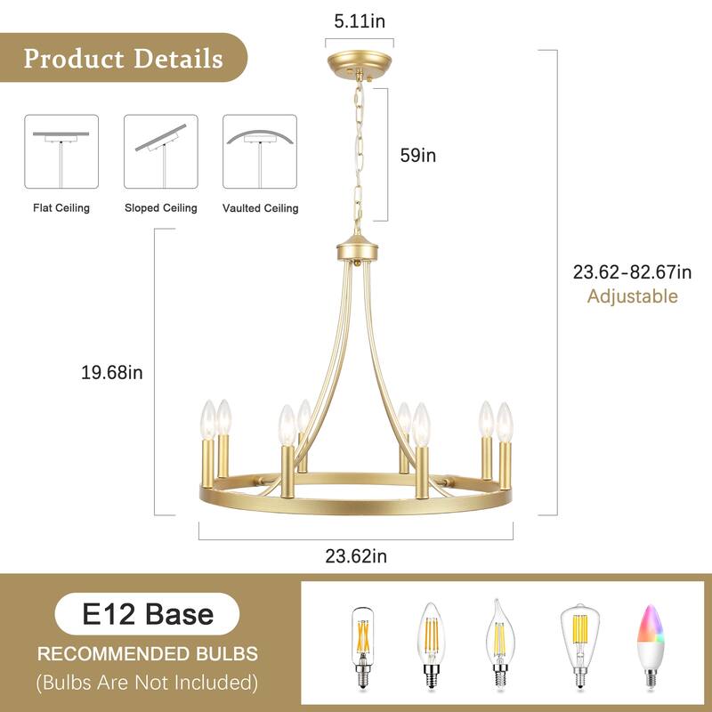 8-Light W23.6" x H82.67" Vintage Rustic Wagon Wheel Chandelier for Living Room