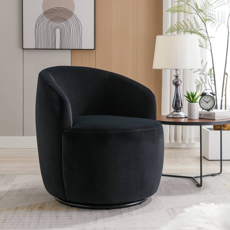 Black Velvet Modern 25.6" Upholstered Swivel Barrel Chair with Black Powder Coating and Metal Ring - Black Velvet