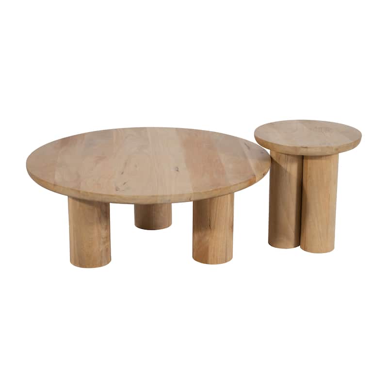 Round Natural Wood Coffee Table Modern Design Solid Cylindrical Legs