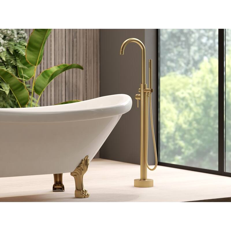 Neptune Single Handle Floor Mounted Gooseneck Freestanding Tub Filler - Standard Handle - Brushed Gold