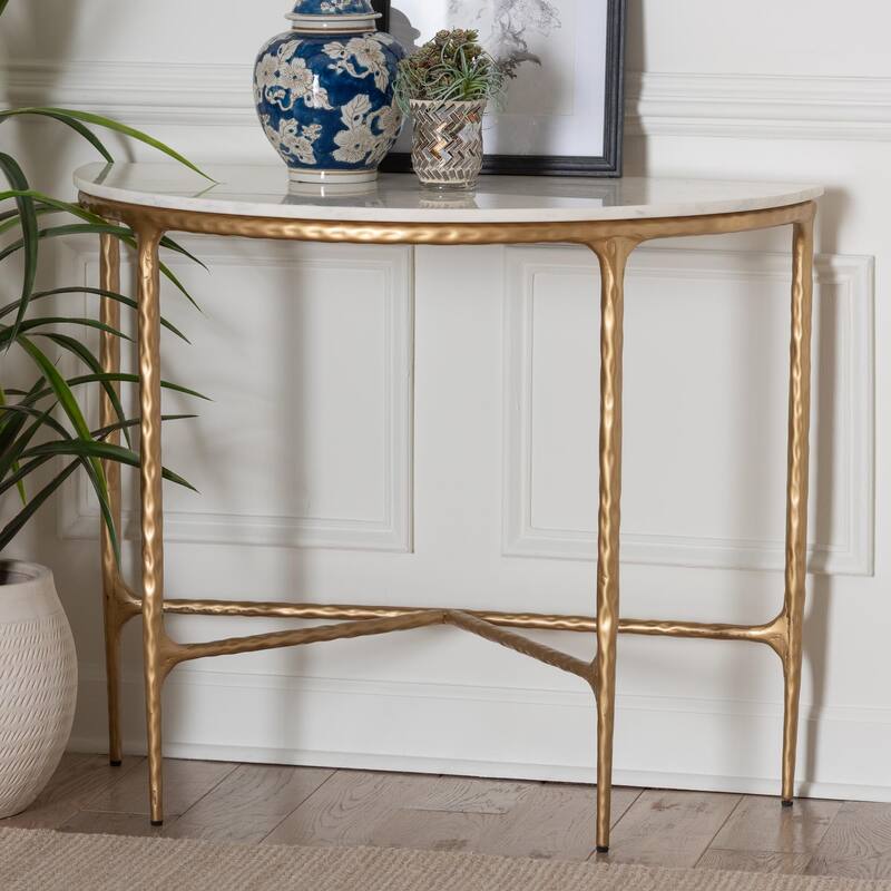 Akanji Marble Console Table - Modern Rustic Accent Table with Hand-Forged Metal Frame and Half-Moon Tabletop