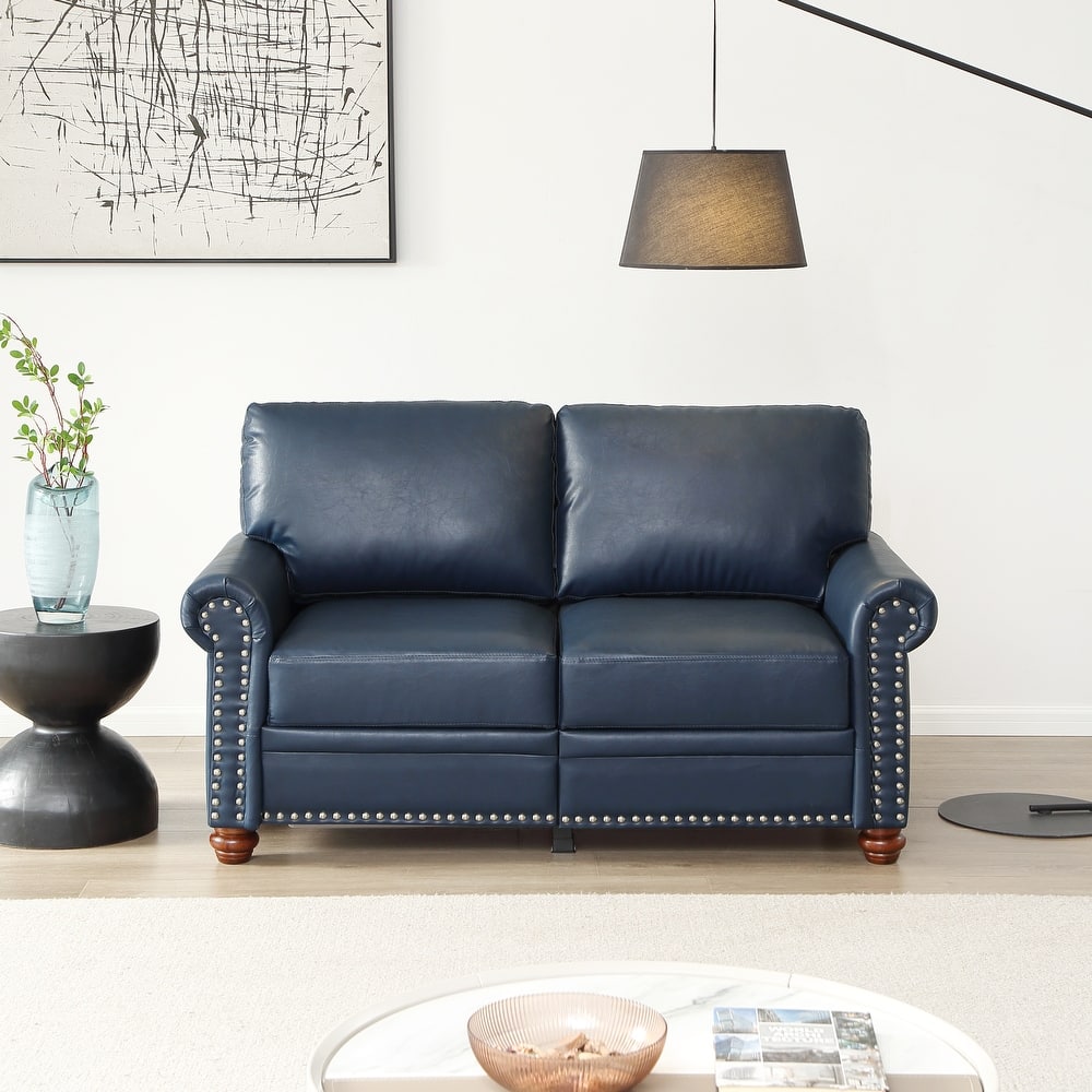 Roomfitters Living Room Sofa Loveseat with Round Arms, Tufted Couch with Silver Nail Trim , Faux Leather, Navy Blue