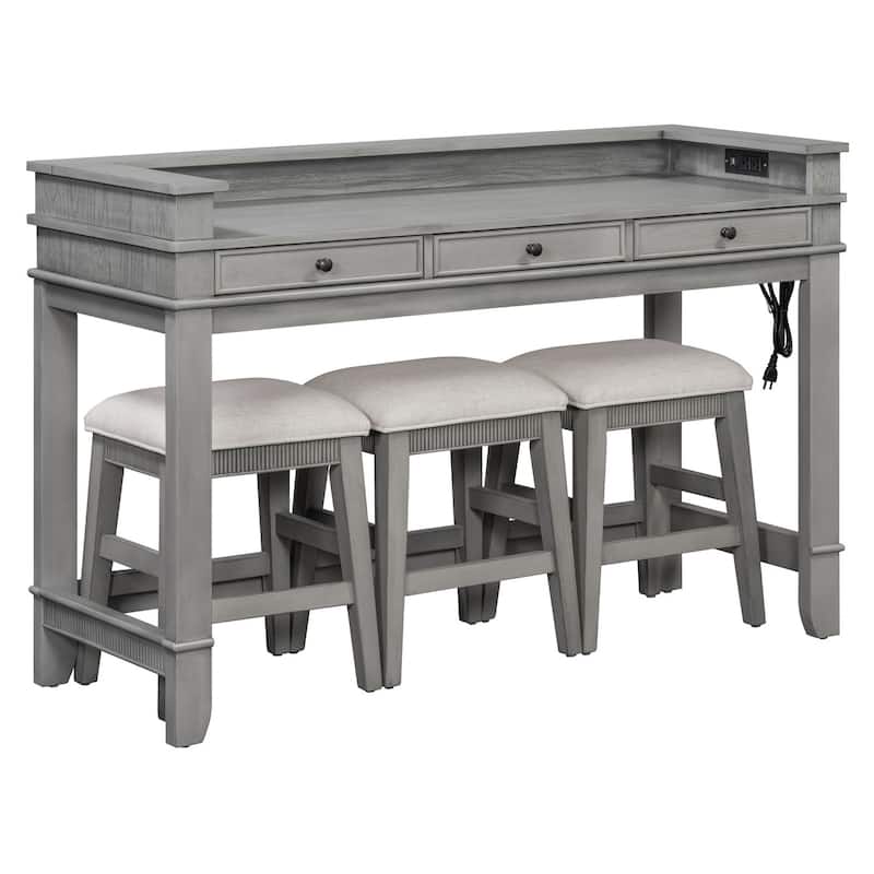 4-Piece Retro Dining Set Dining Table with USB with 3 Upholstered Stools