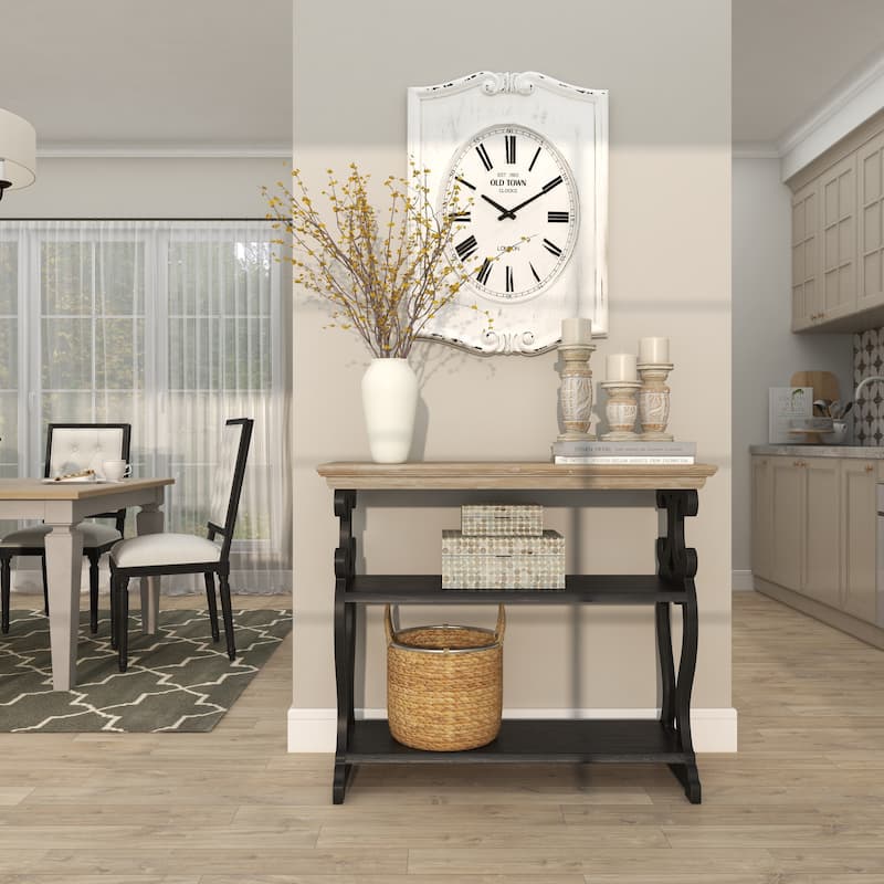 White Wood Scroll Side Frames 2 Shelf Console Table with Brown Wood Top - White or Black