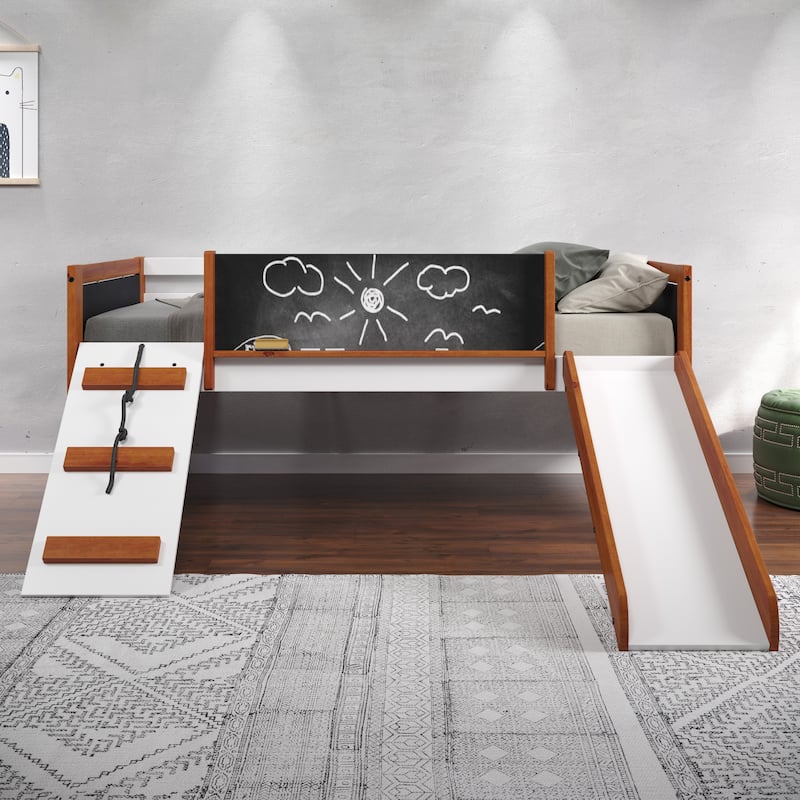 Twin Size Solid Wood Loft Bed with Slide and Fence for Kids