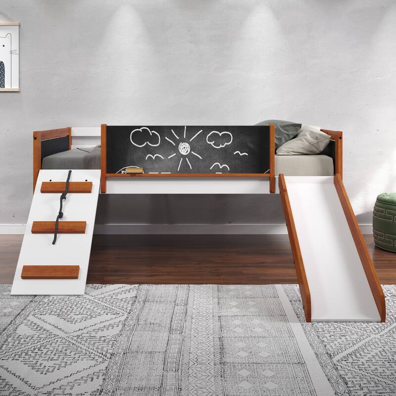 Twin Solid Wood Loft Bed with Slide & Fence