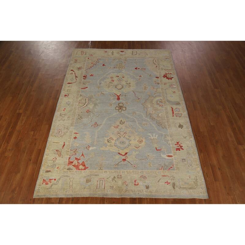 Hand Knotted Oriental 100% Wool Carpet Transitional All-Over Navy Blue & Blues Oushak Area Rug - 8' 8'' X 5' 11''