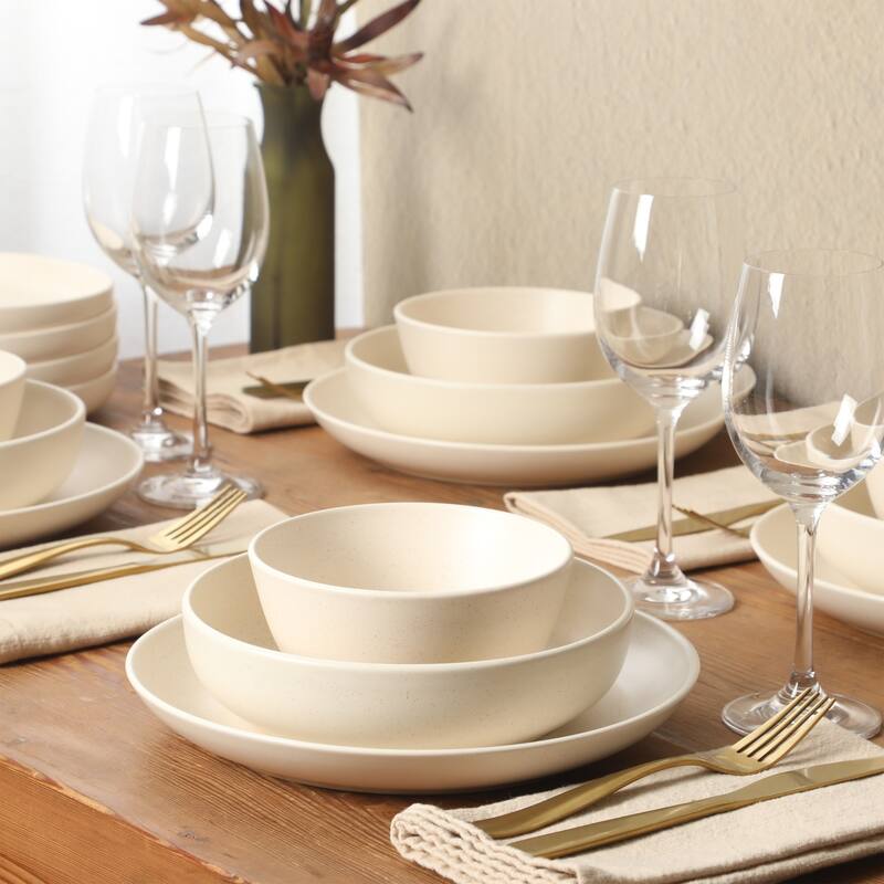Gibson Elite Leeds Court Plates and Bowls Sets, 16-Piece Stoneware Dinnerware Sets, Round Speckle Reactive Glaze Dish Set