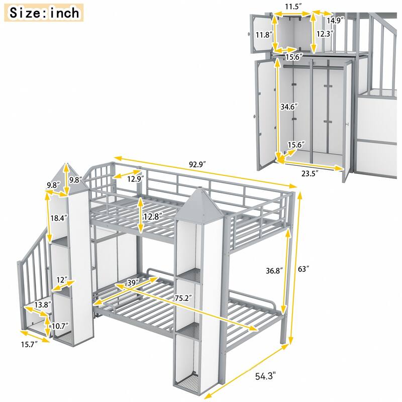 Roomfitters Castle-Style Twin over Twin Metal Bunk Bed with Wardrobe and Multi-Functional Storage