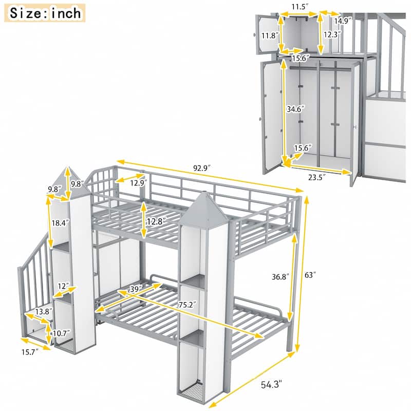 Twin Over Twin Size Bunk Bed w/Storage Shelves,Wardrobe,Metal Bedframe