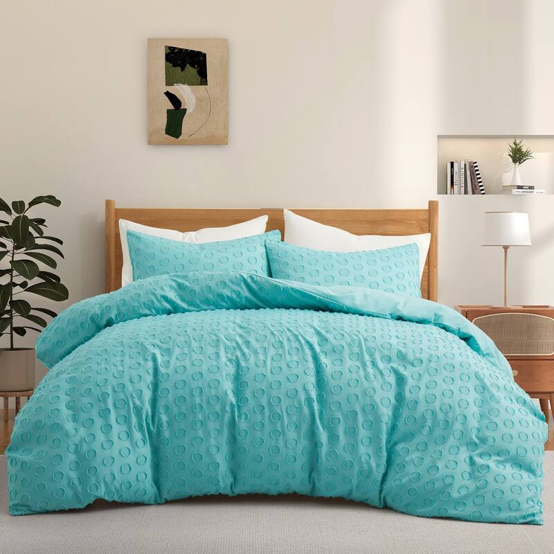Stylish Full Polyester Clipped Geometric Duvet Cover & Pillowcase Set - King - Teal/Circle