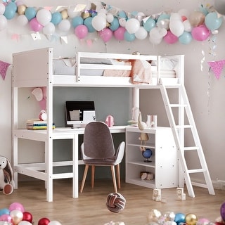 Twin Size Wooden Loft Bed With Shelves and Desk for Home