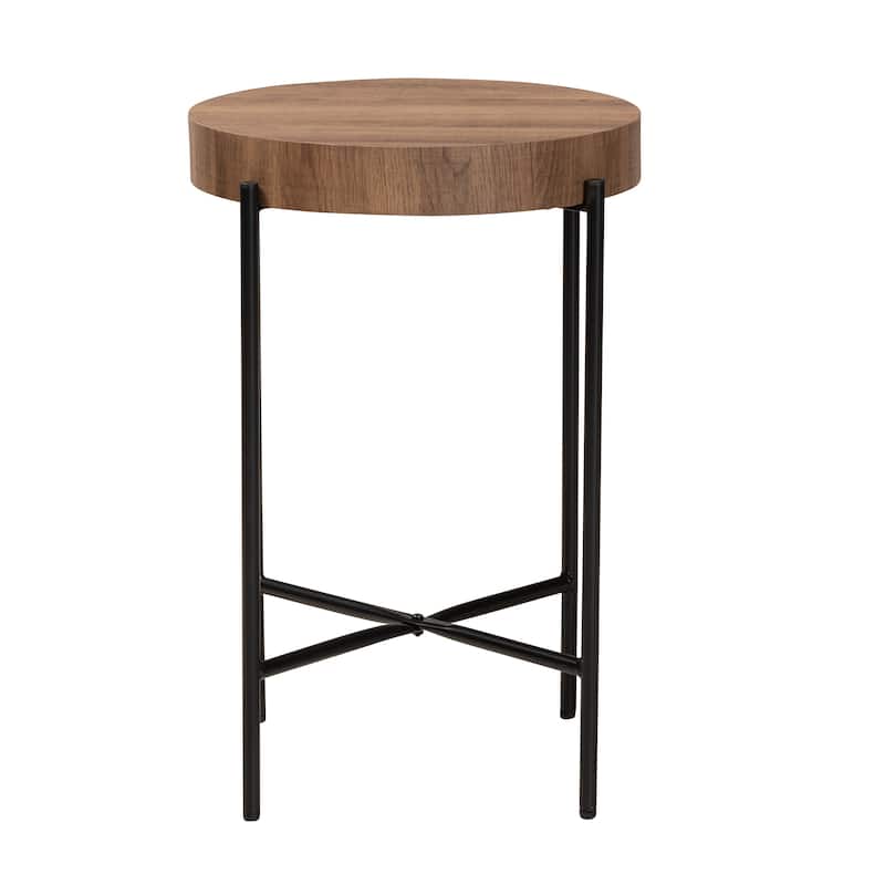 Savion Modern Industrial Walnut Brown Finished Wood and Black Metal End Table