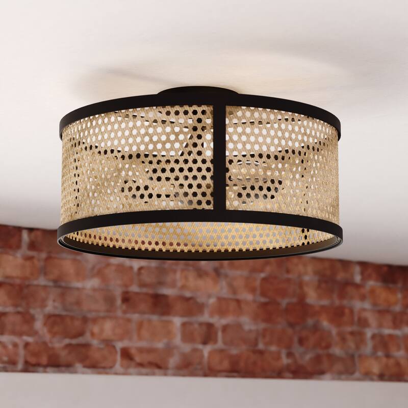 Berens 15.5-in W Matte Black Modern Farmhouse Drum Semi Flush Mount Ceiling Light with Rattan Cane Shade - Matte Black - 15.5-in W x 8.5-in H x 15.5-in D