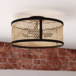 Berens 15.5-in W Matte Black Modern Farmhouse Drum Semi Flush Mount Ceiling Light with Rattan Cane Shade