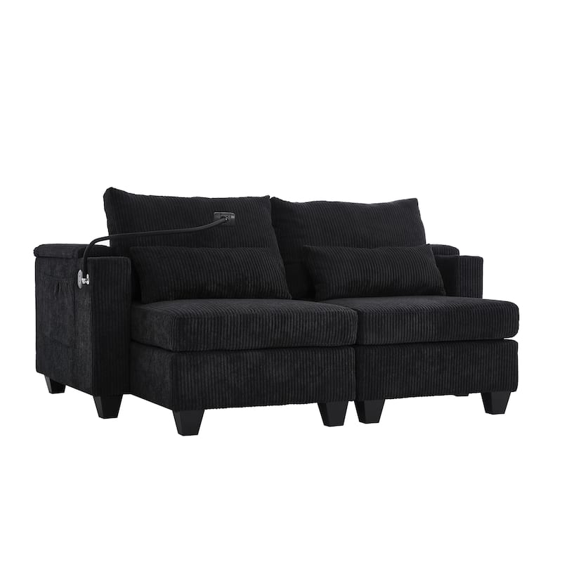 63" Convertible Chaise Lounge Chair, Corduroy Upholstered Sofa Bed with USB Ports & Cup Holders, Living Room Loveseat Sofa