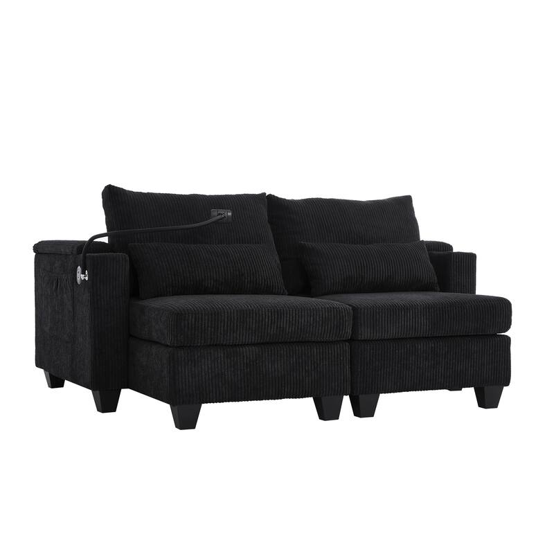 Convertible Chaise Lounge 63" Loveseat Sofa Sofa Bed Corduroy Sleeper Sofa with USB Ports, Two Cup Holders