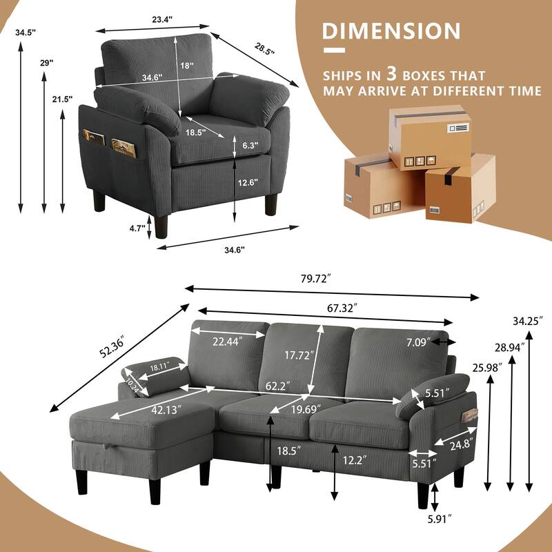 79.72" Corduroy 3 Pieces Living Room Sets Including Sectional Sofa with Storage Ottoman & Side Pockets & Armchair Set