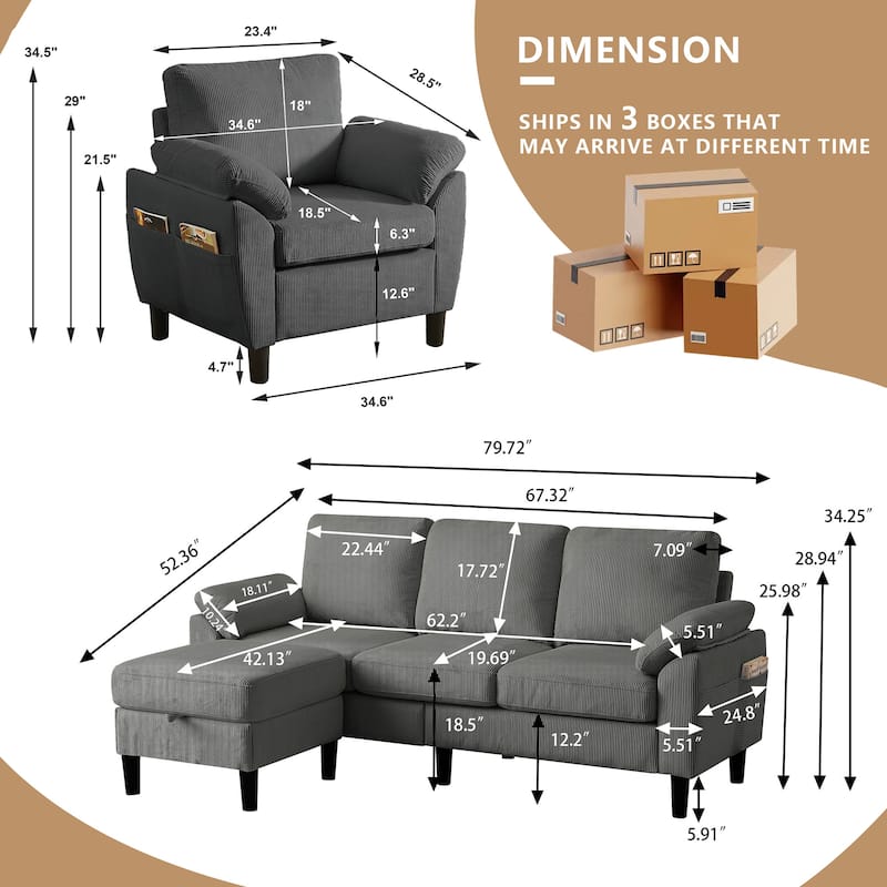 79.72" Corduroy 3 Pieces Living Room Sets Including Sectional Sofa with Storage Ottoman and Armchair Set