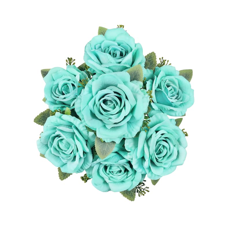 Set of 2 Deluxe Tiffany Blue Artificial Elegant Rose Flower Stem Bush